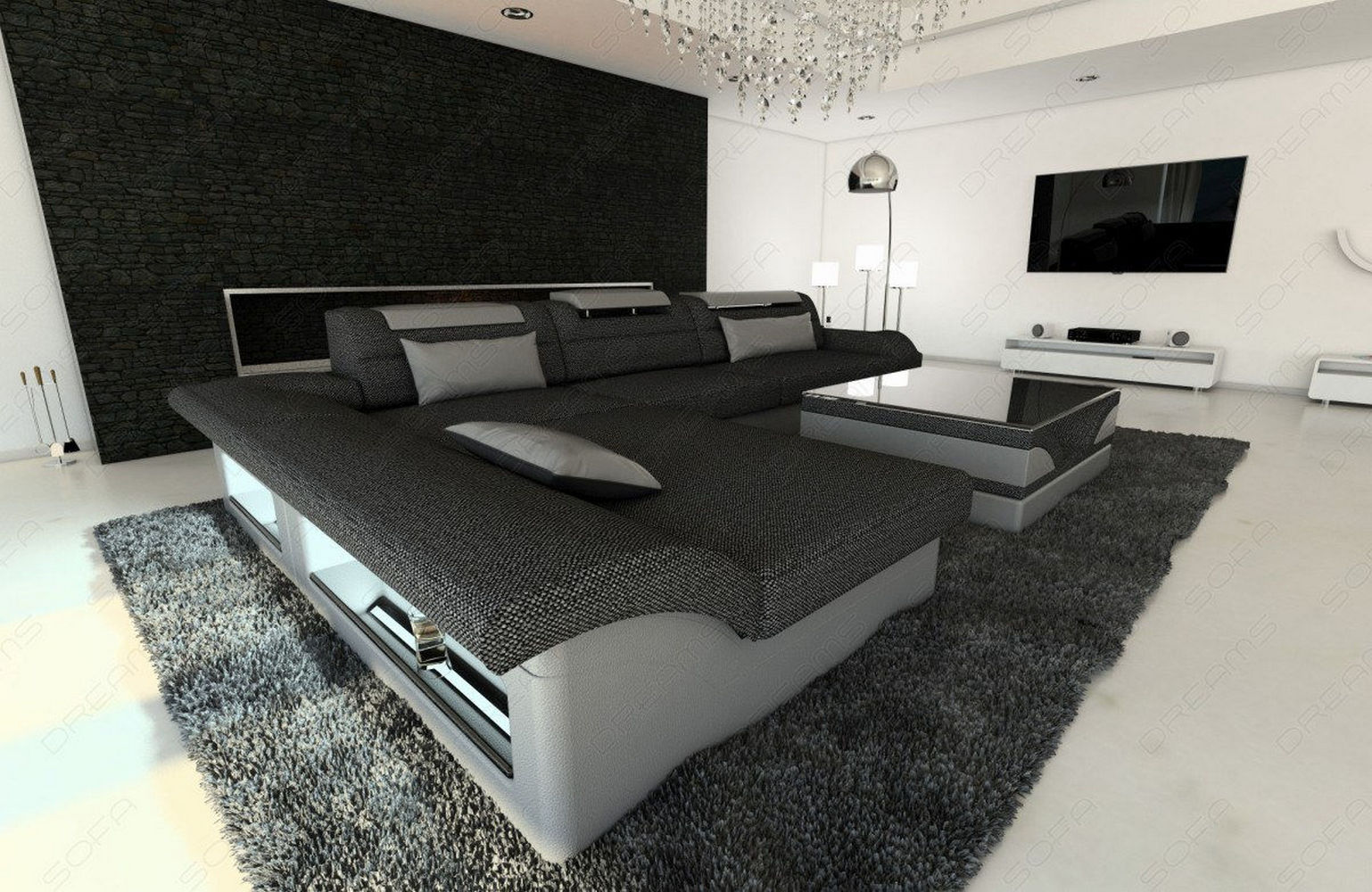 Stoff-Couch Monza L-Form mit LED-Beleuchtung