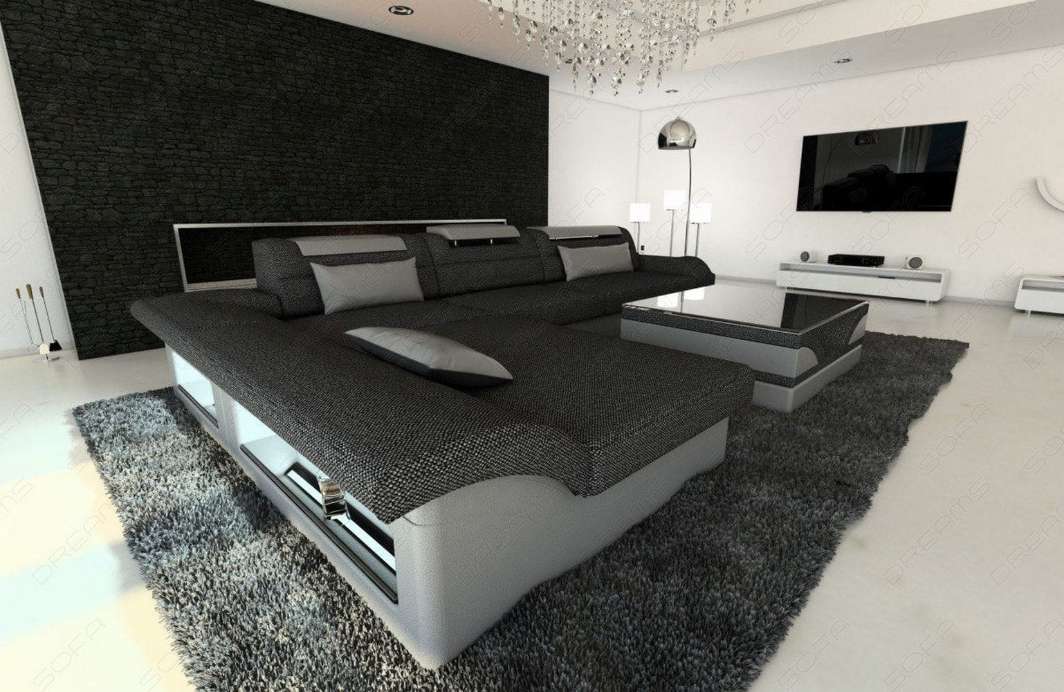 Ecksofa Monza L-Form aus Stoff Schwarzgrau-Weiß