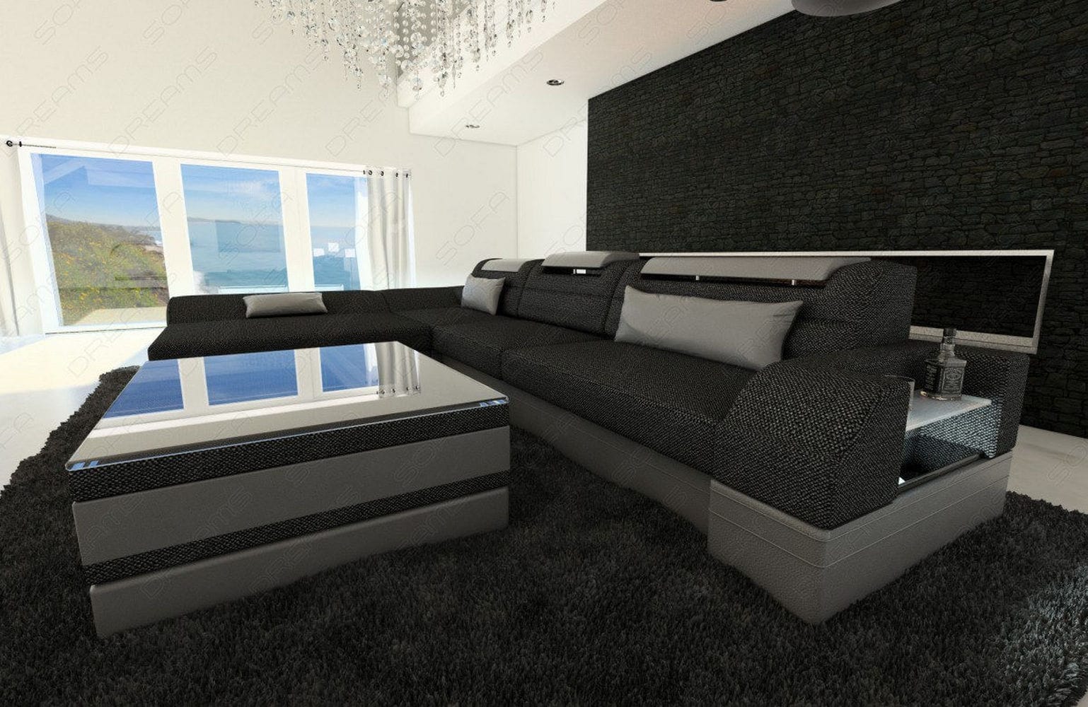 Ecksofa Monza L-Form aus Stoff Schwarzgrau-Weiß