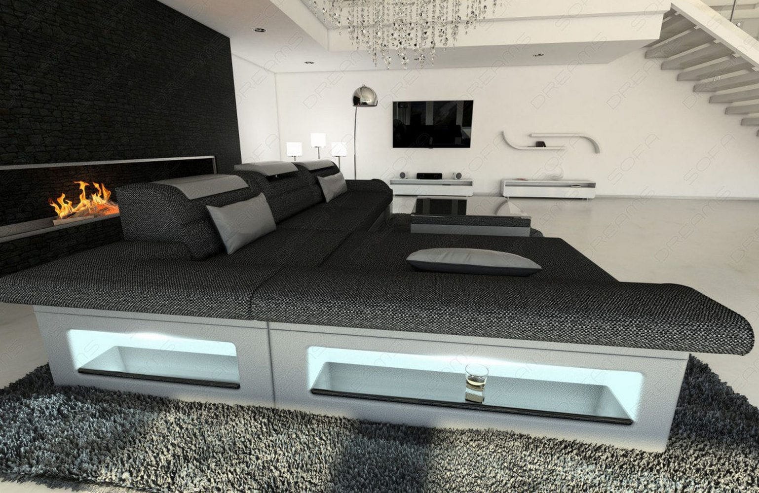 Ecksofa Monza L-Form aus Stoff Schwarzgrau-Weiß