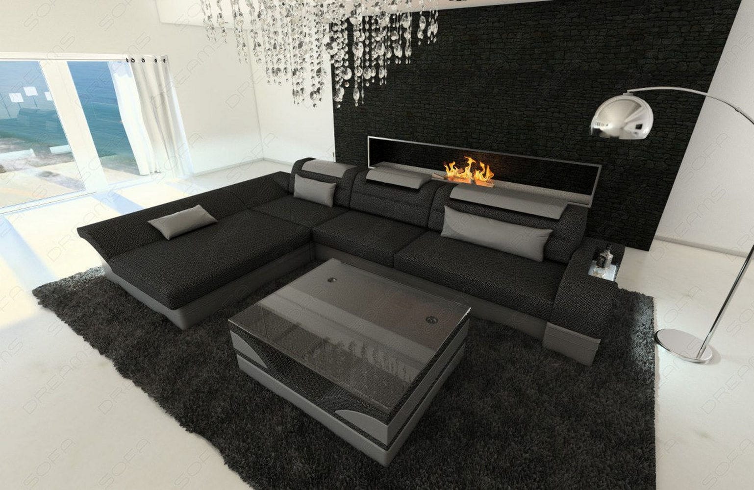 Ecksofa Monza L-Form aus Stoff Schwarzgrau-Weiß