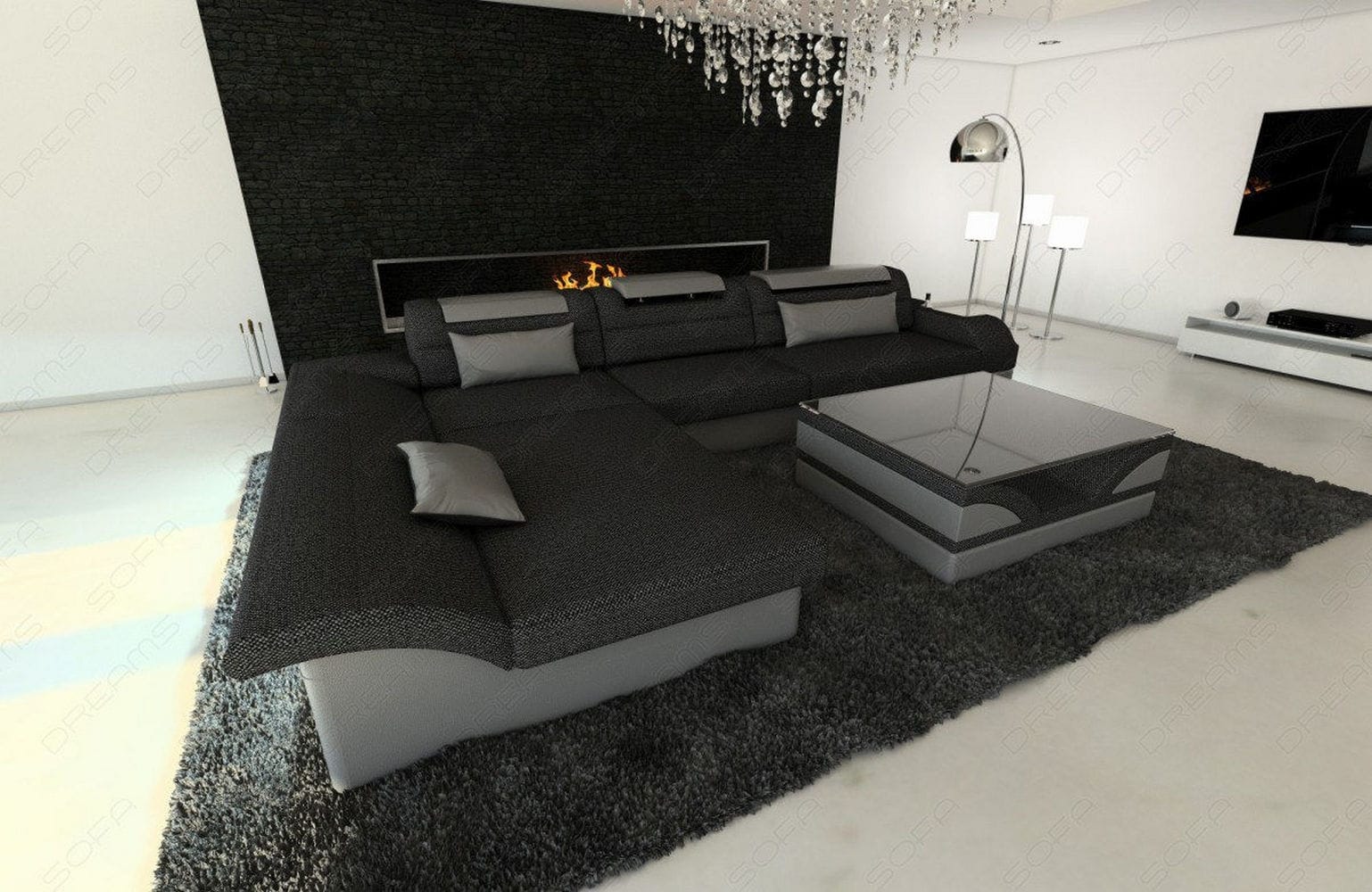 Ecksofa Monza L-Form aus Stoff Schwarzgrau-Weiß
