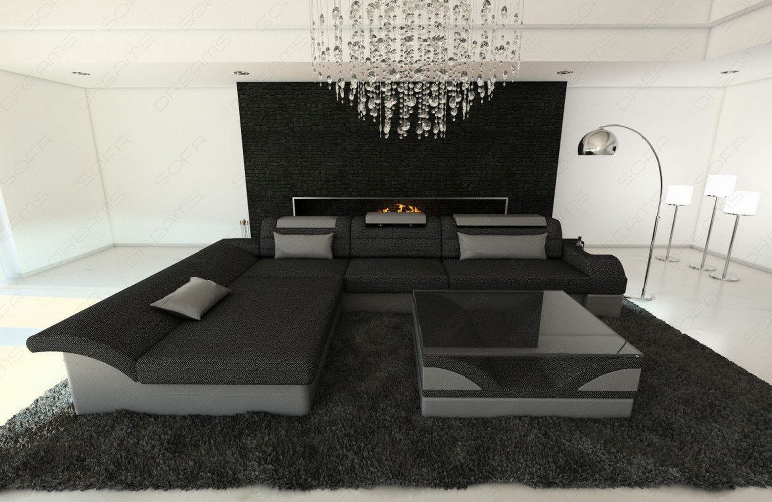 Ecksofa Monza L-Form aus Stoff Schwarzgrau-Weiß