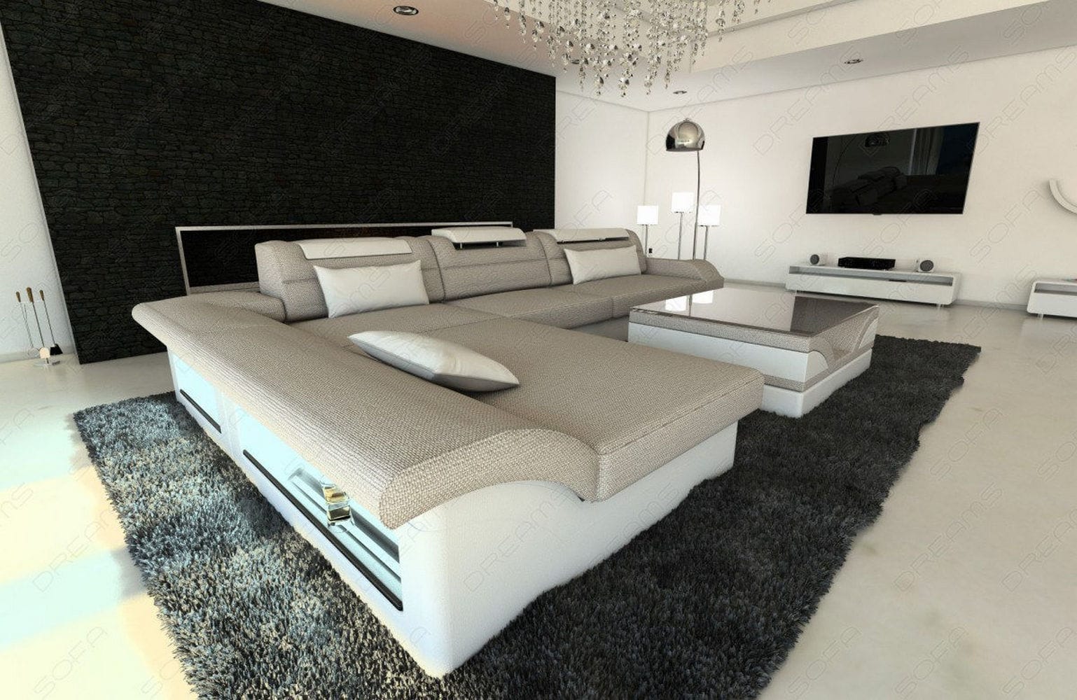 Ecksofa Monza L-Form aus Stoff macchiato-weiß