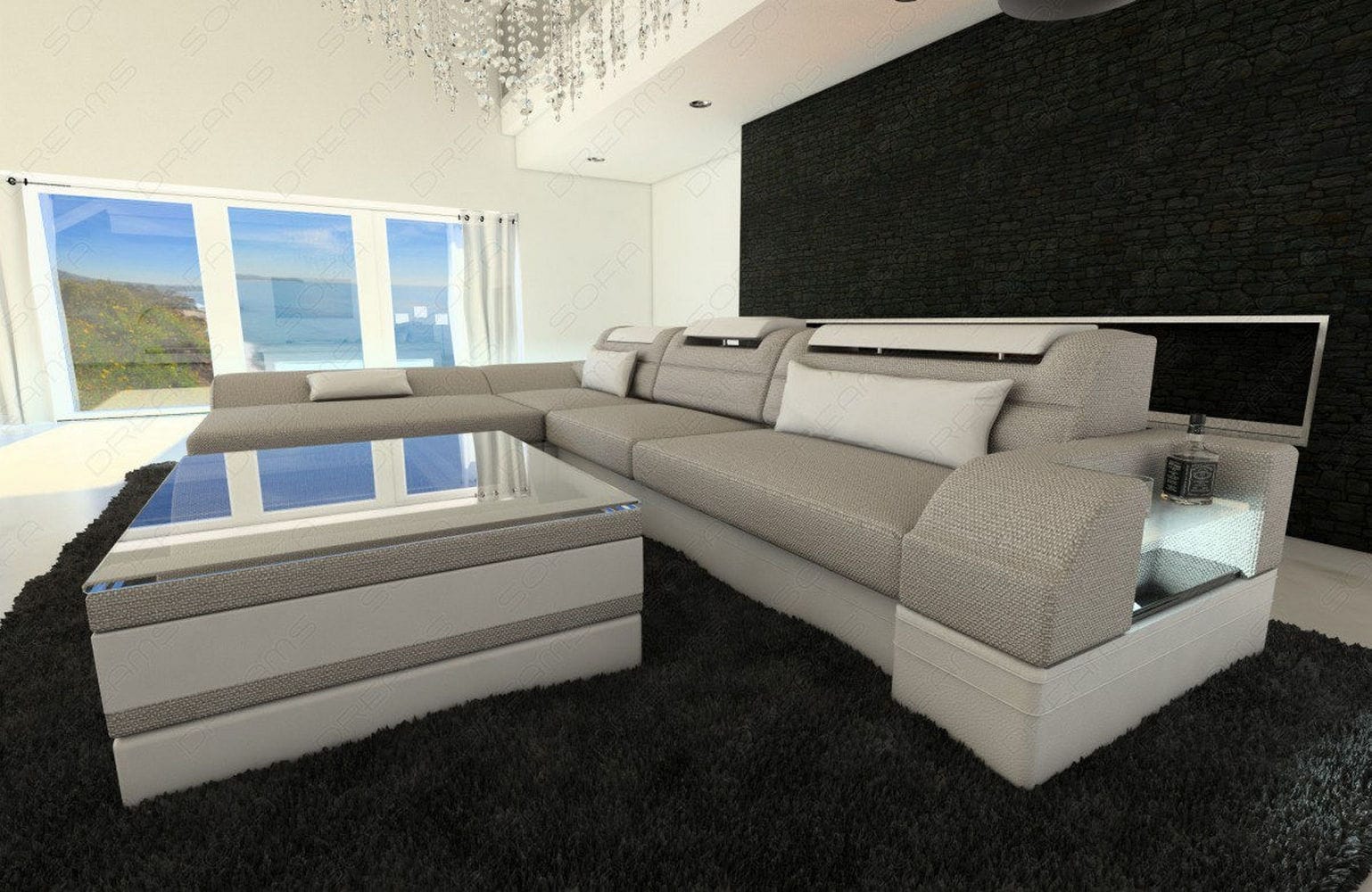 Ecksofa Monza L-Form aus Stoff macchiato-weiß