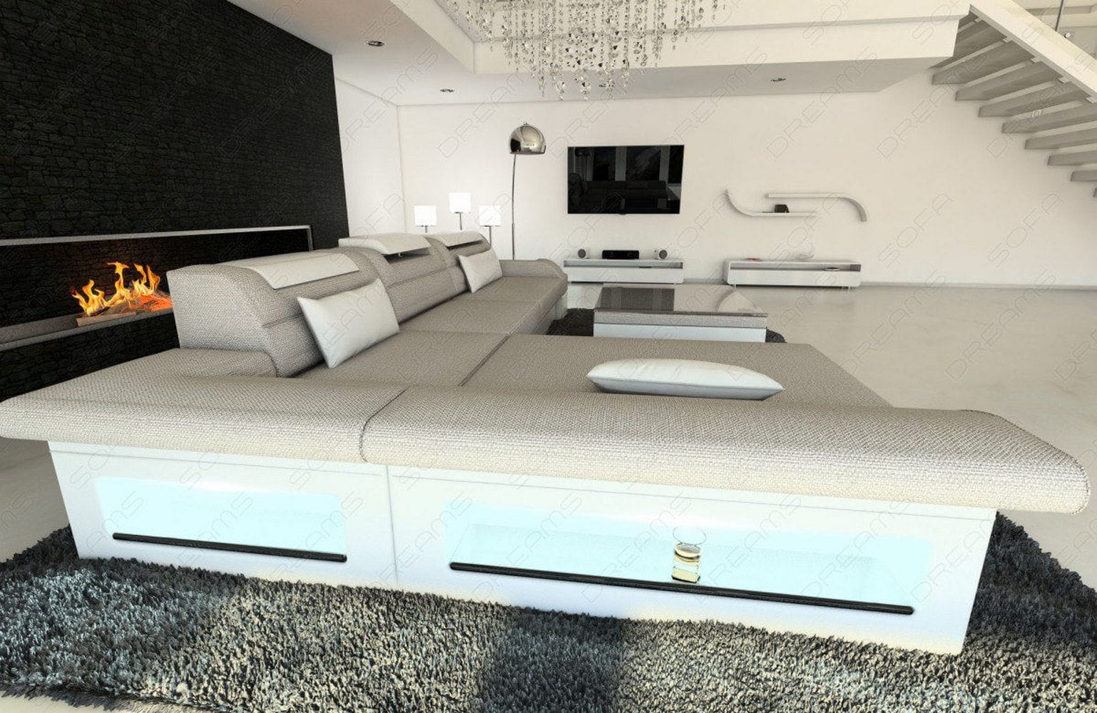 Ecksofa Monza L-Form aus Stoff macchiato-weiß