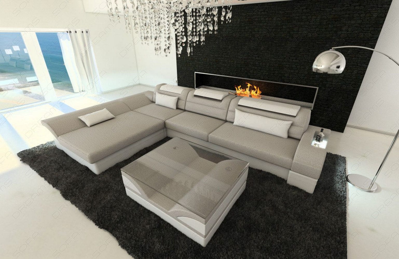 Ecksofa Monza L-Form aus Stoff macchiato-weiß