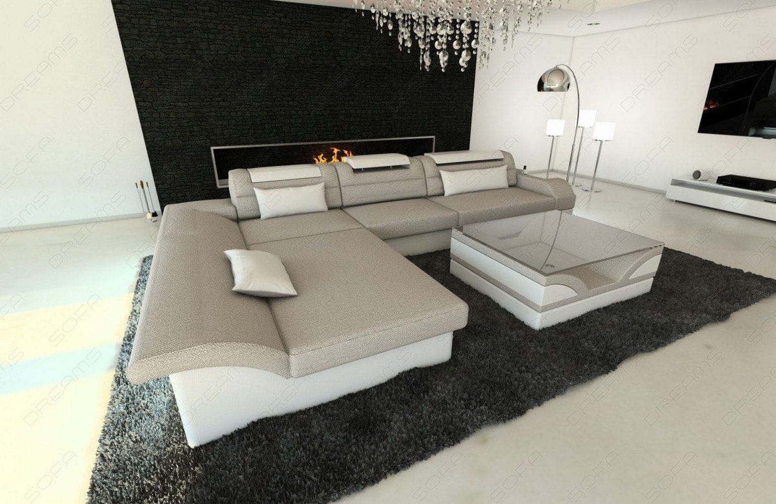 Ecksofa Monza L-Form aus Stoff macchiato-weiß