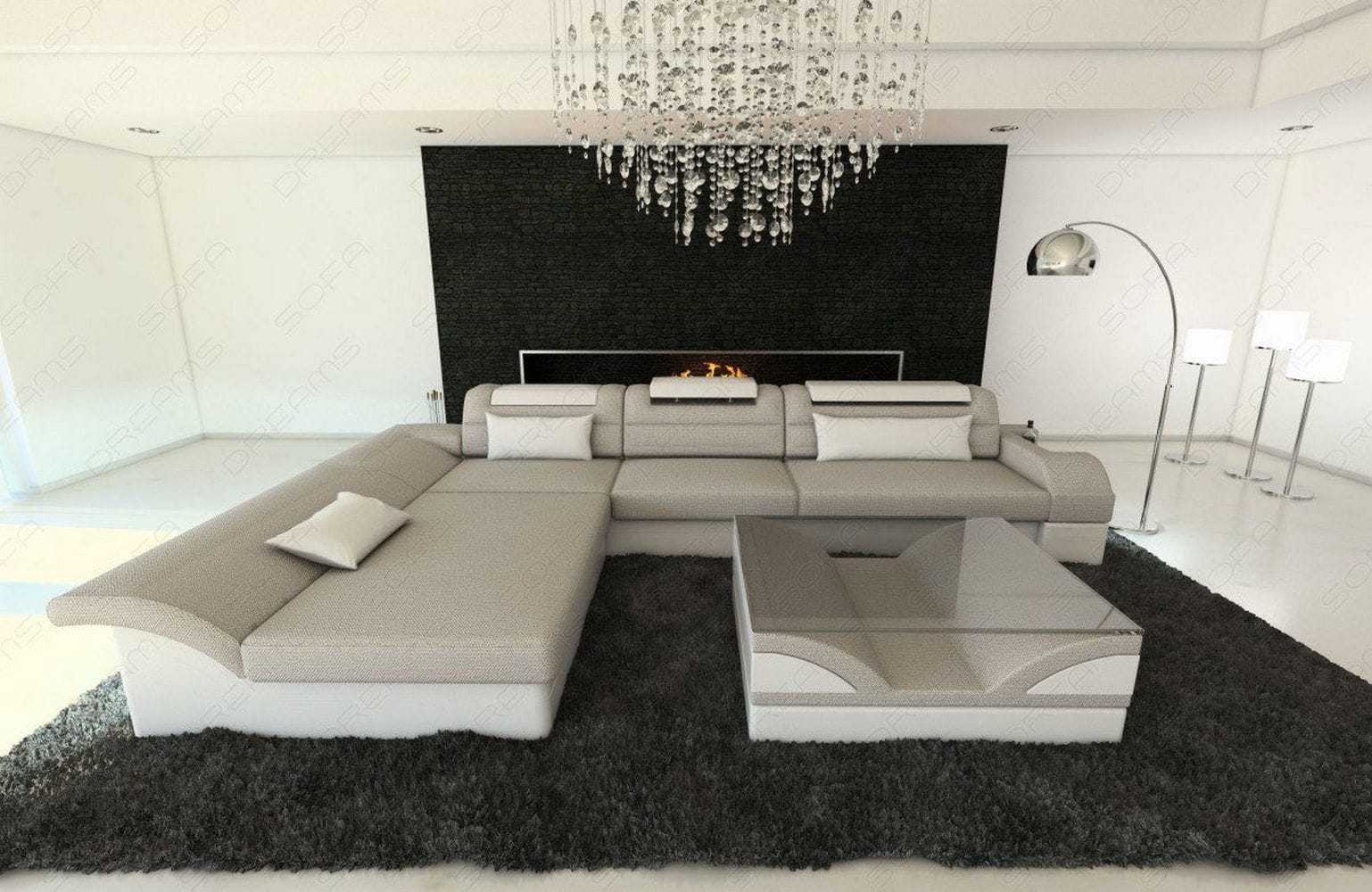 Ecksofa Monza L-Form aus Stoff macchiato-weiß