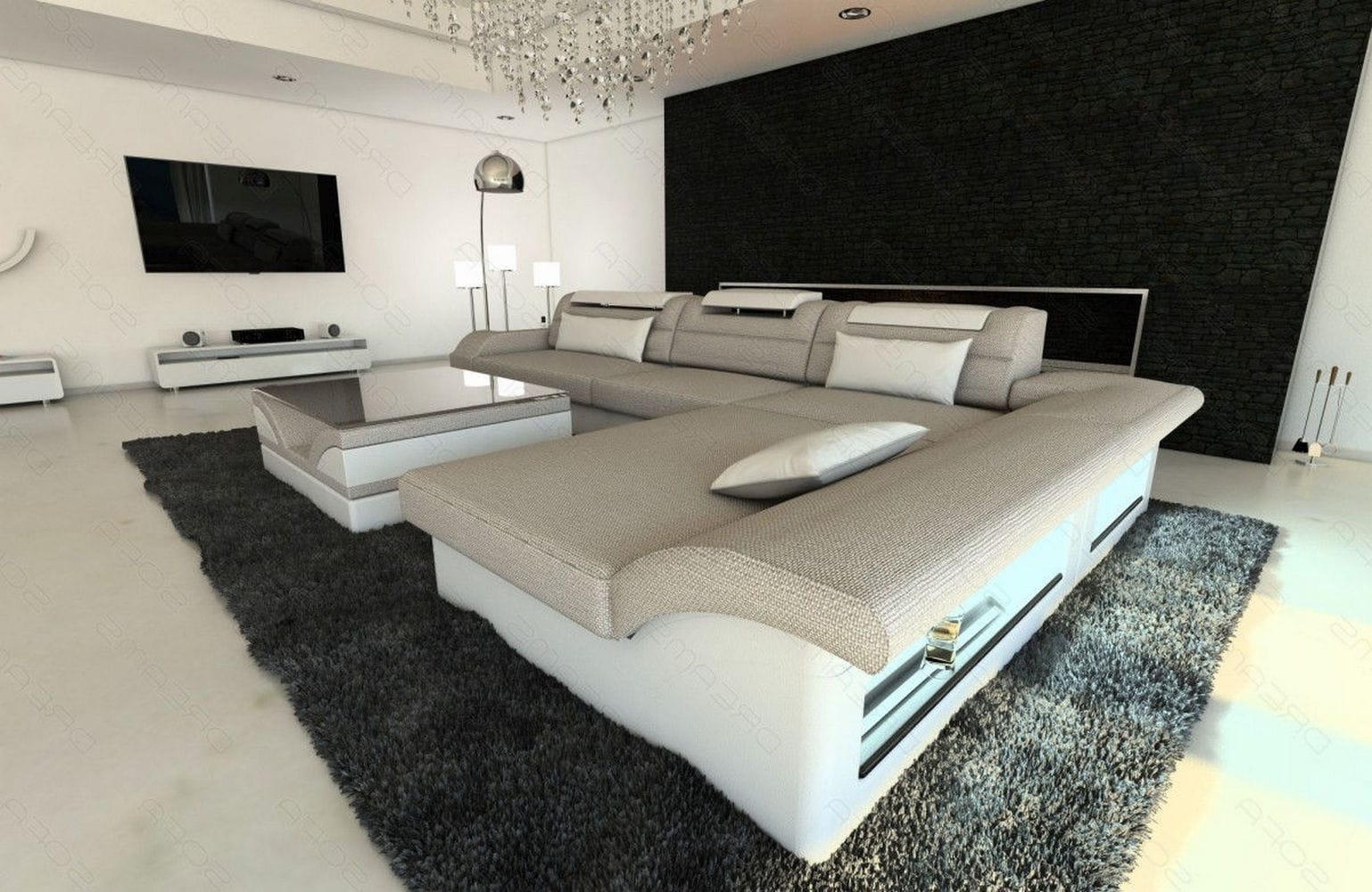 Ecksofa Monza L-Form aus Stoff Macchiato-Weiß