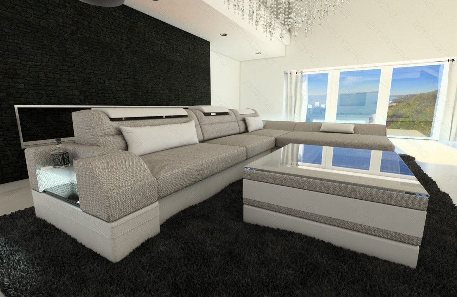 Ecksofa Monza L-Form aus Stoff Macchiato-Weiß
