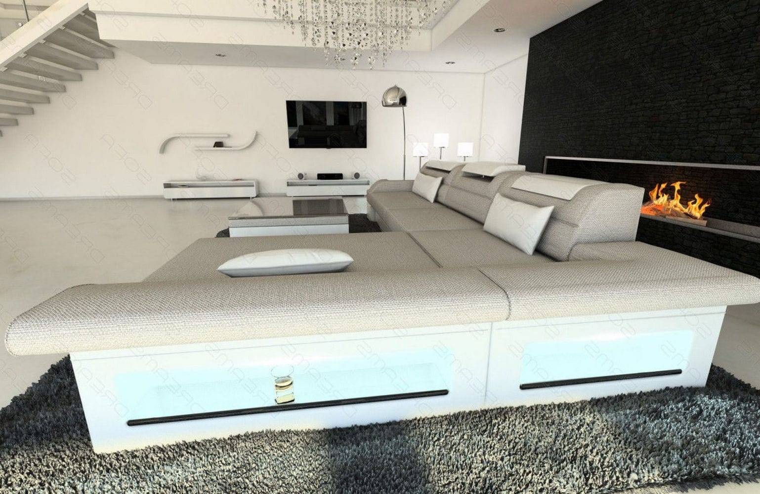 Ecksofa Monza L-Form aus Stoff Macchiato-Weiß