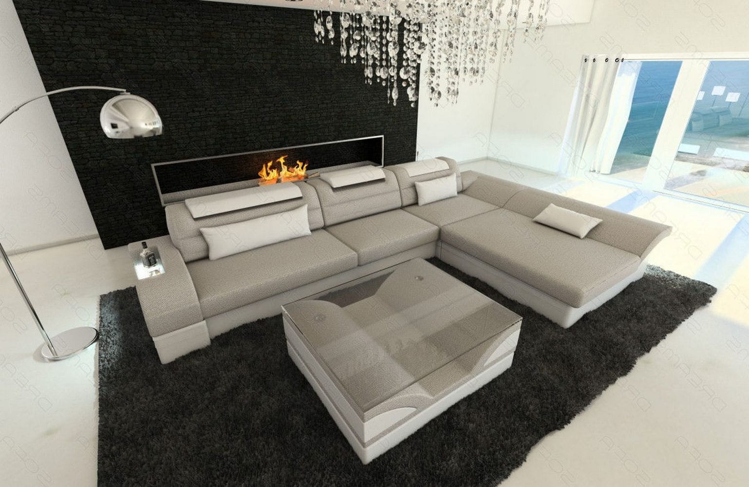 Ecksofa Monza L-Form aus Stoff Macchiato-Weiß