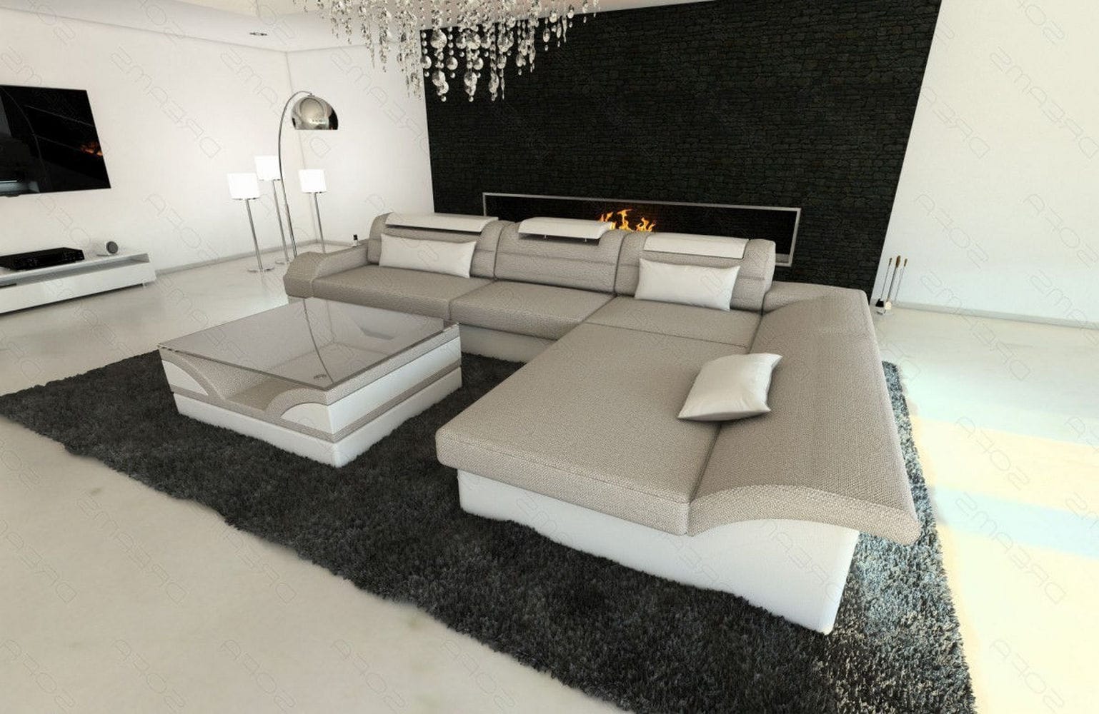 Ecksofa Monza L-Form aus Stoff Macchiato-Weiß