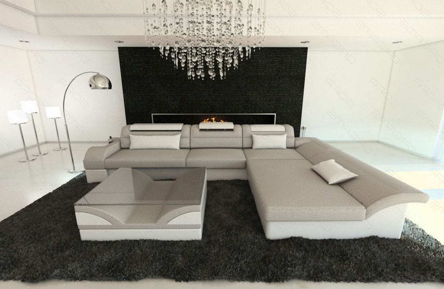 Ecksofa Monza L-Form aus Stoff Macchiato-Weiß