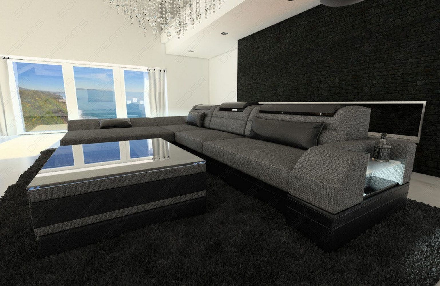 Ecksofa Monza L Form aus Stoff grau-schwarz