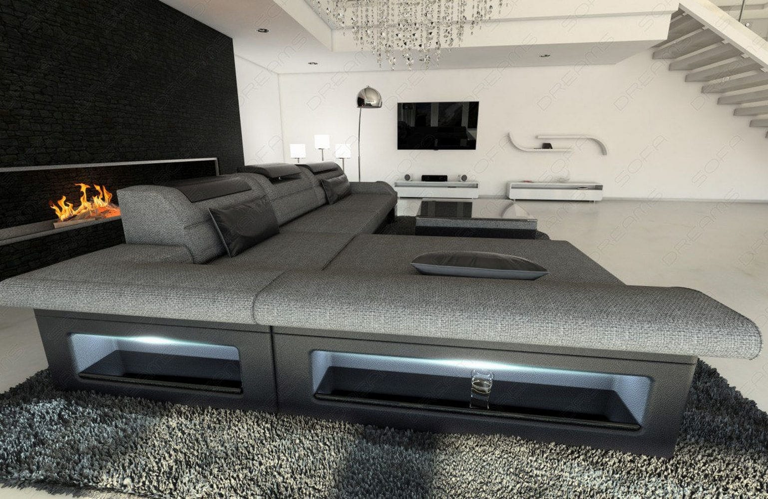 Ecksofa Monza L Form aus Stoff grau-schwarz