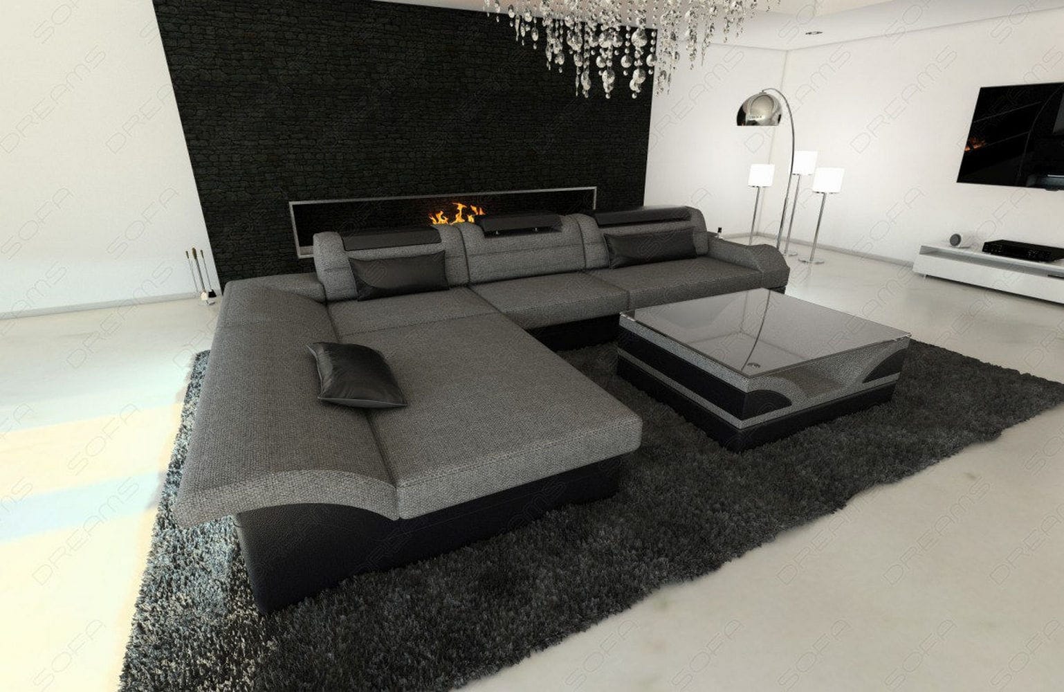Ecksofa Monza L Form aus Stoff grau-schwarz