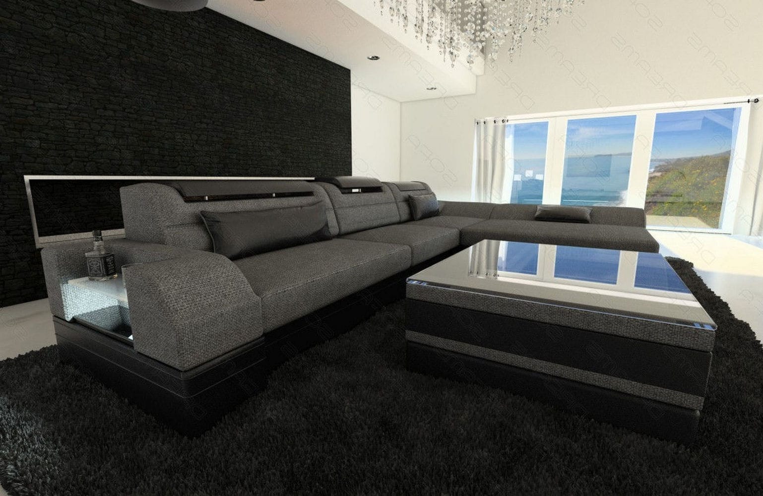 Ecksofa Monza L-Form aus Stoff Grau-Schwarz