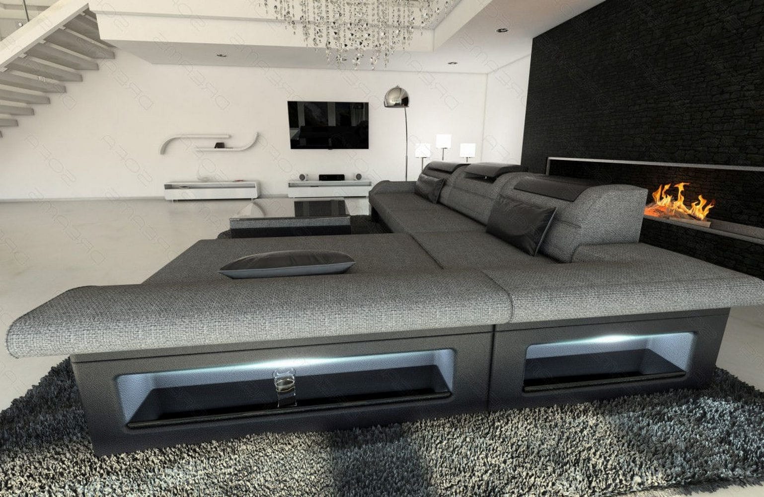 Ecksofa Monza L-Form aus Stoff Grau-Schwarz
