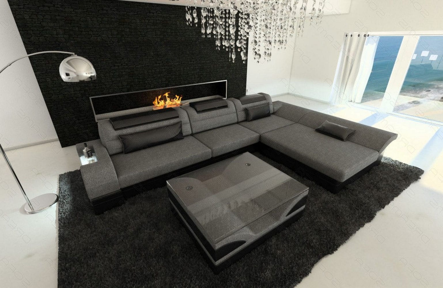 Ecksofa Monza L-Form aus Stoff Grau-Schwarz