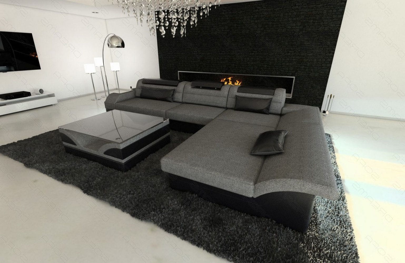 Ecksofa Monza L-Form aus Stoff Grau-Schwarz