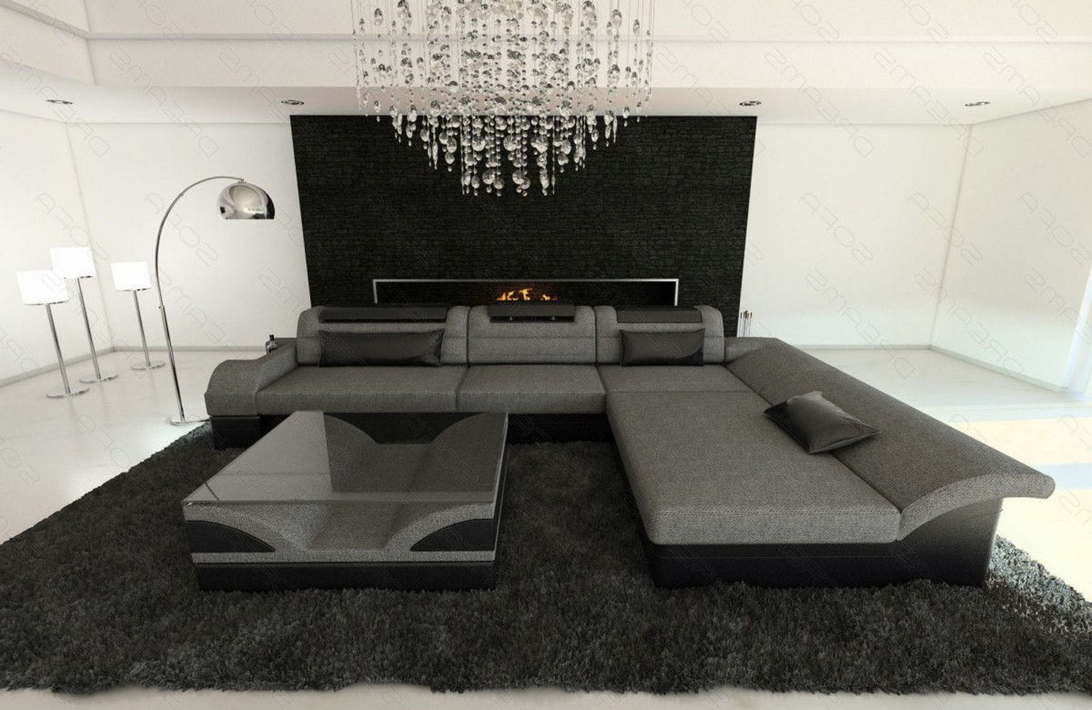 Ecksofa Monza L-Form aus Stoff Grau-Schwarz