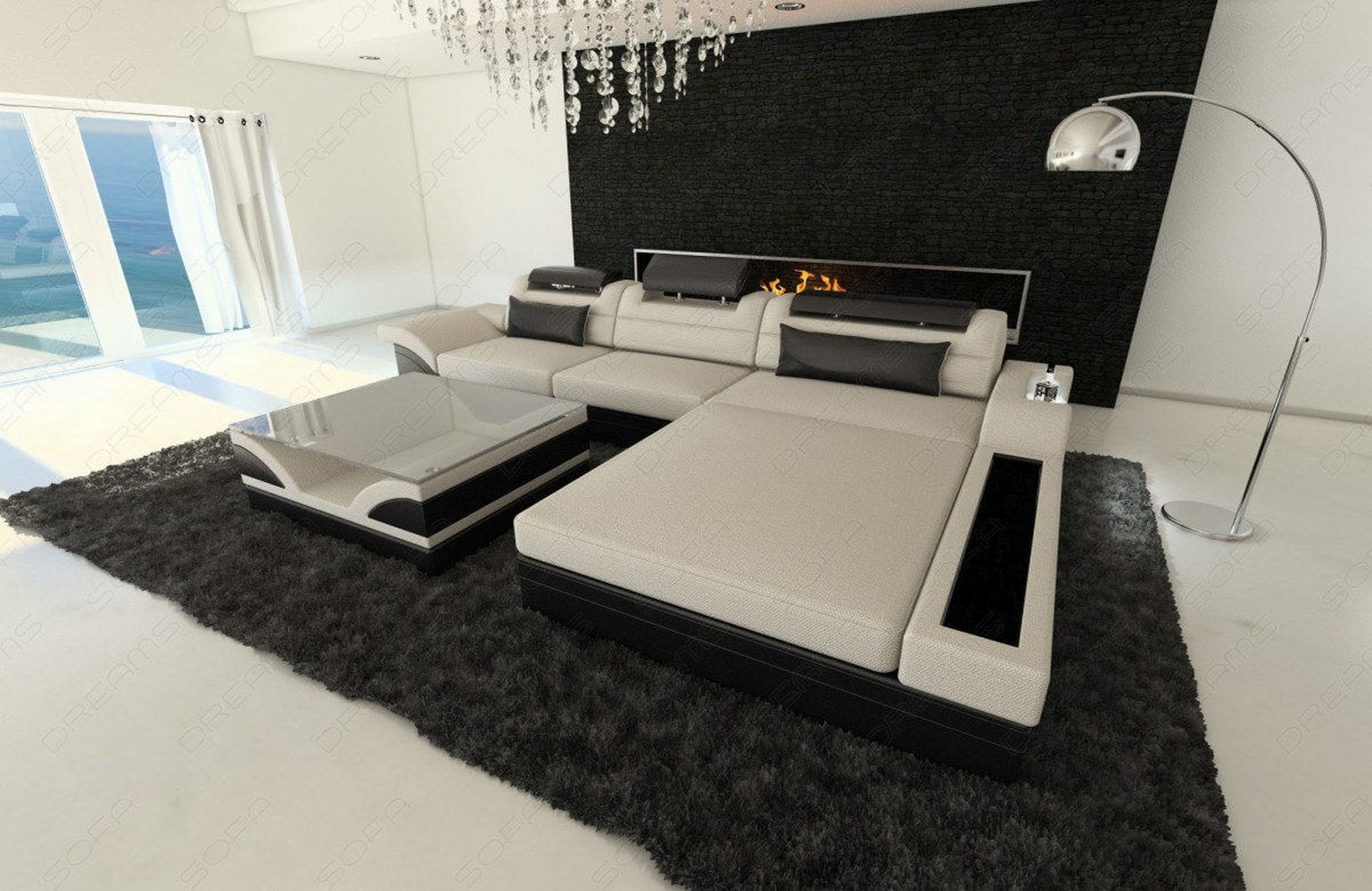 Design Stoffcouch Parma L Form mit LED-Beleuchtung Elfenbein-Schwarz