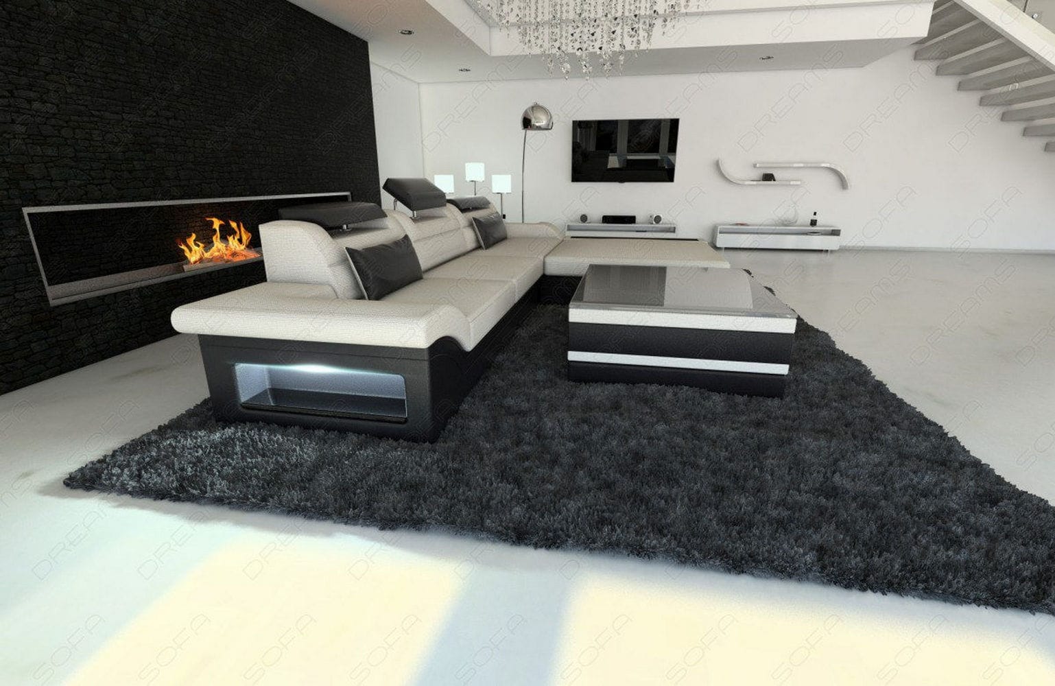 Design Stoffcouch Parma L Form mit LED-Beleuchtung Elfenbein-Schwarz
