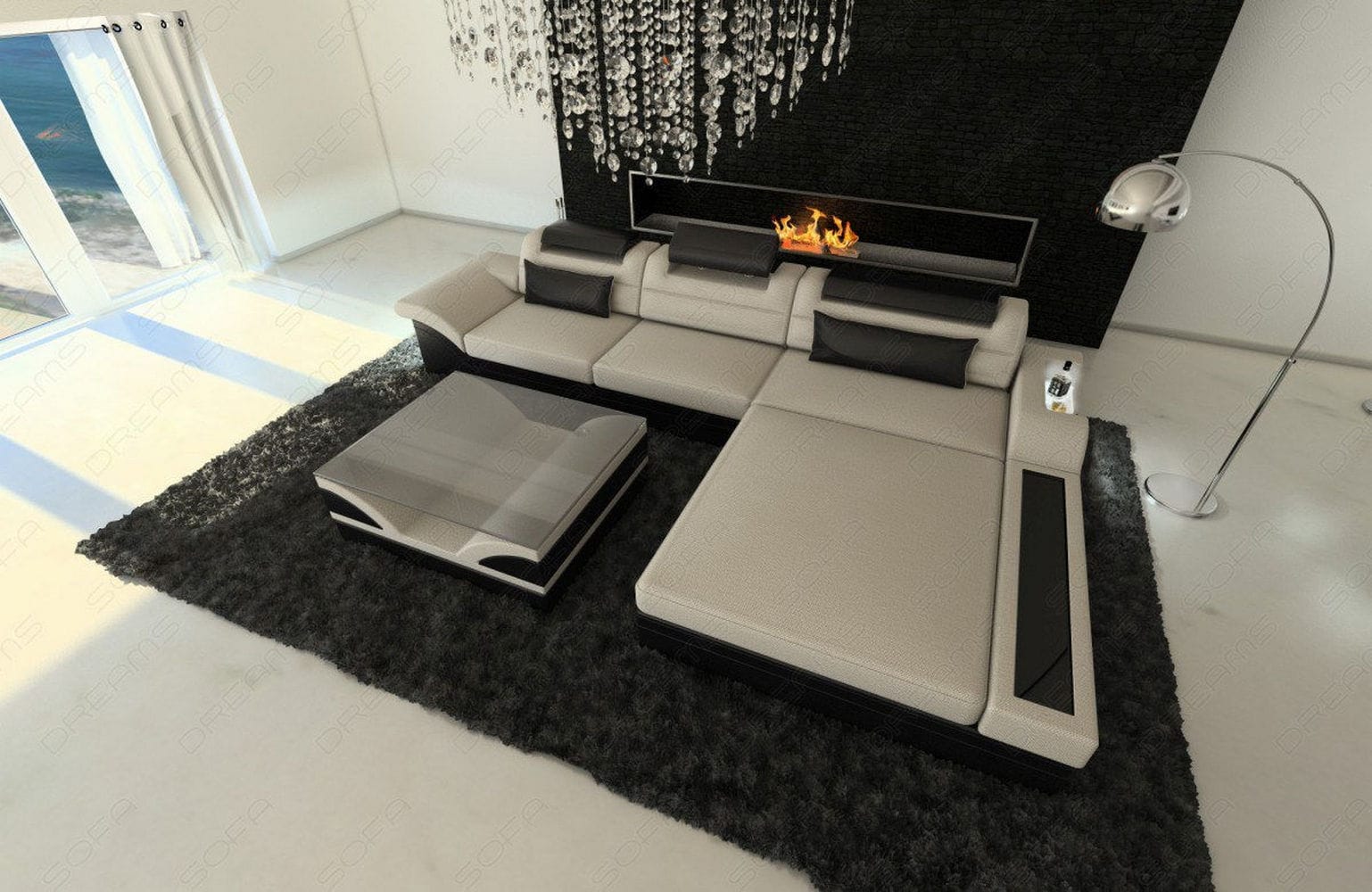 Design Stoffcouch Parma L Form mit LED-Beleuchtung Elfenbein-Schwarz