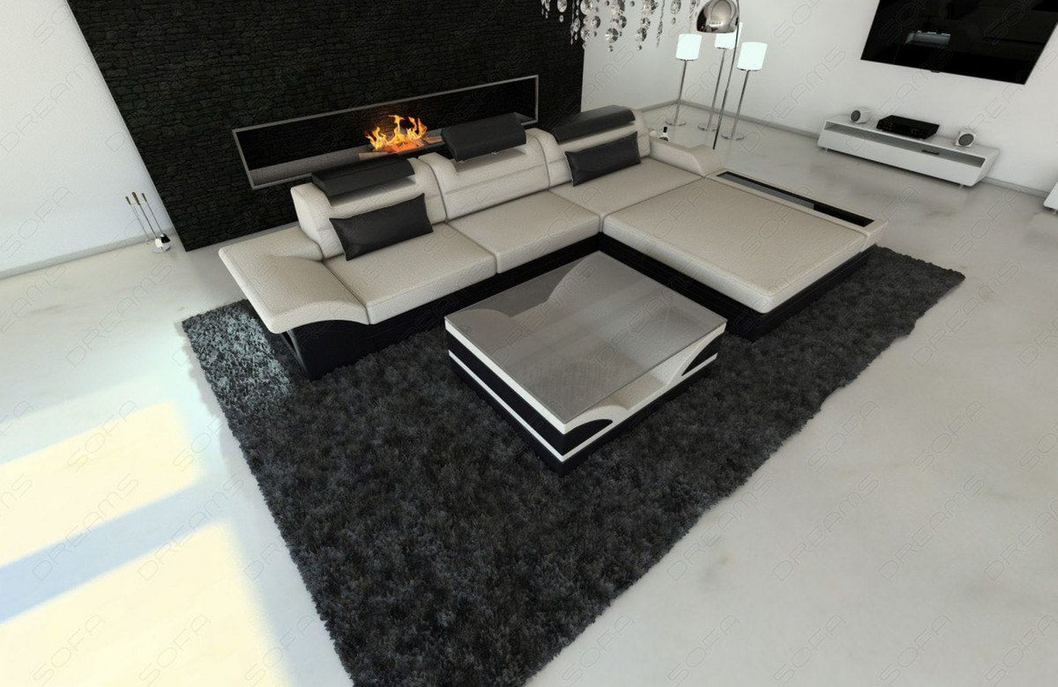 Design Stoffcouch Parma L Form mit LED-Beleuchtung Elfenbein-Schwarz