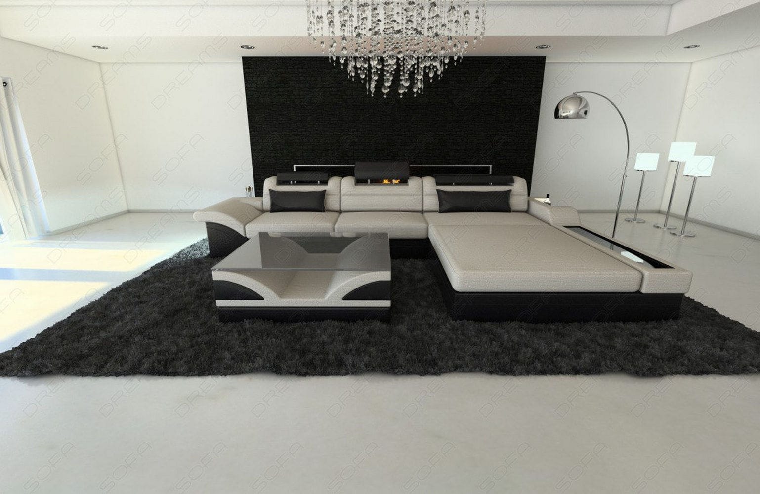 Design Stoffcouch Parma L Form mit LED-Beleuchtung Elfenbein-Schwarz