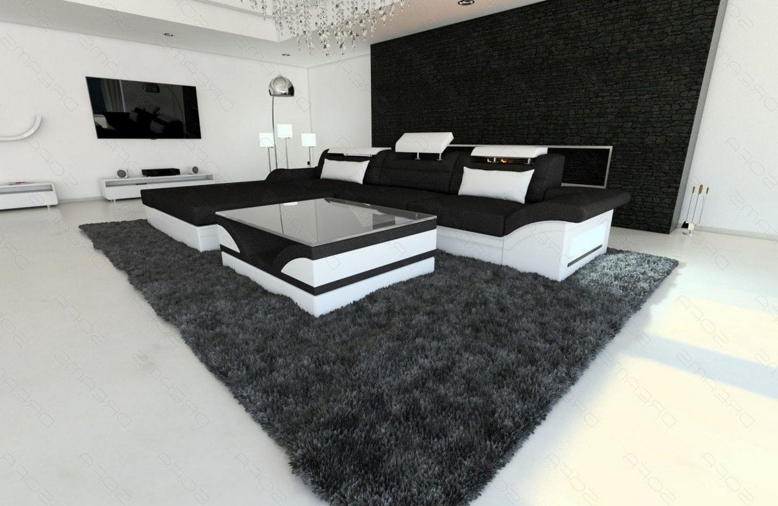 Design Stoffcouch Parma L Form mit LED-Beleuchtung Schwarz-Weiß