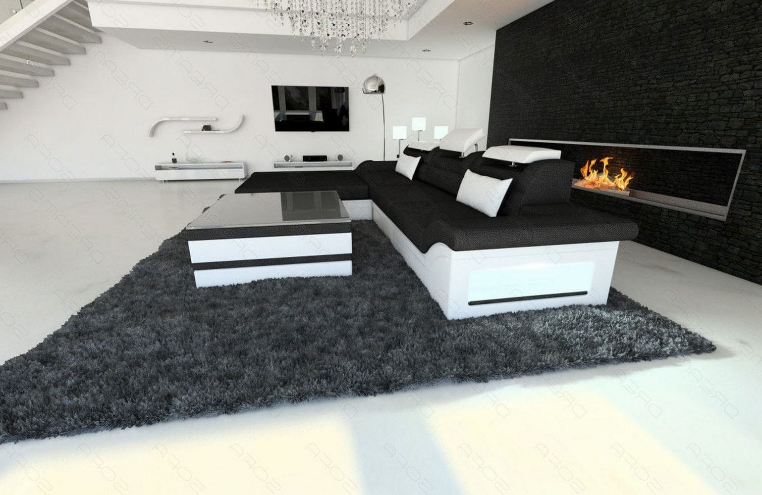 Design Stoffcouch Parma L Form mit LED-Beleuchtung Schwarz-Weiß
