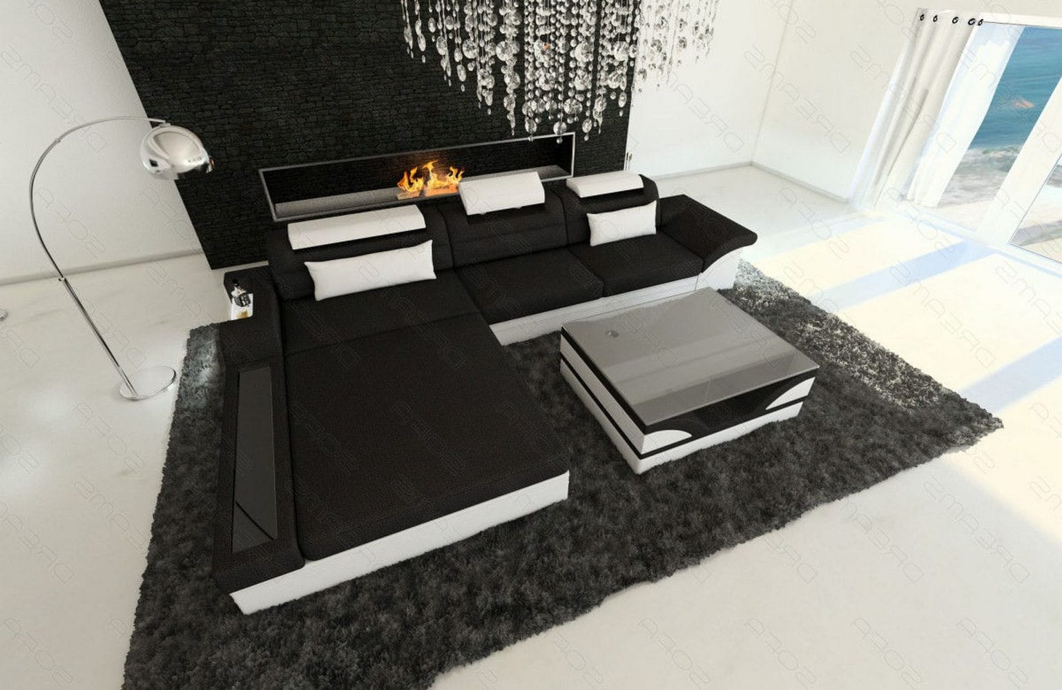Design Stoffcouch Parma L Form mit LED-Beleuchtung Schwarz-Weiß