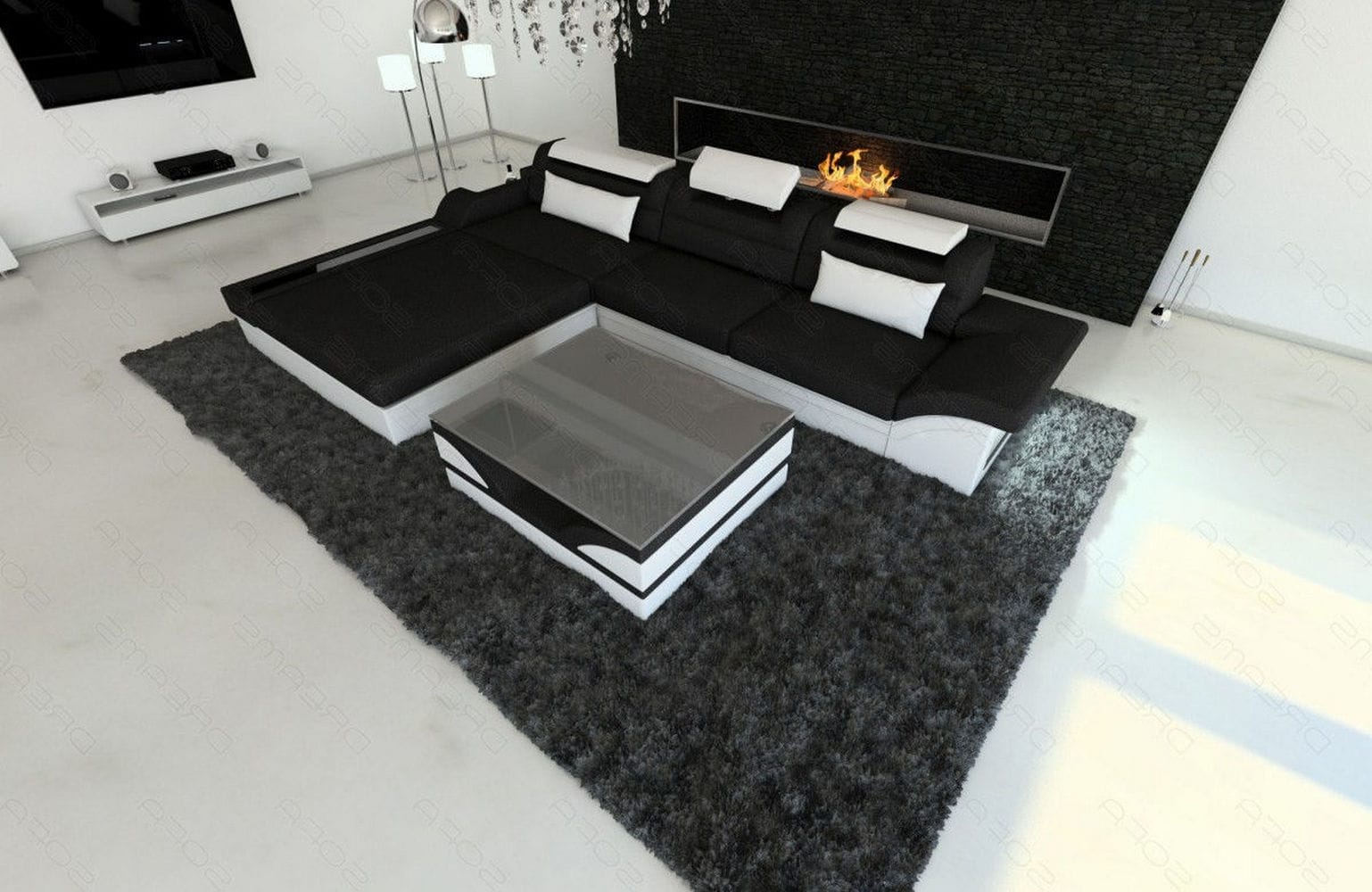 Design Stoffcouch Parma L Form mit LED-Beleuchtung Schwarz-Weiß