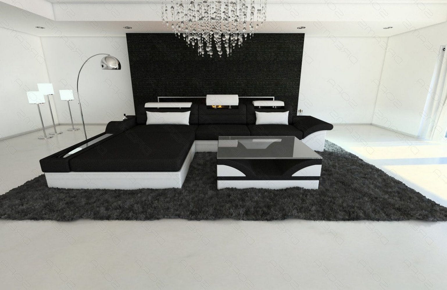 Design Stoffcouch Parma L Form mit LED-Beleuchtung Schwarz-Weiß