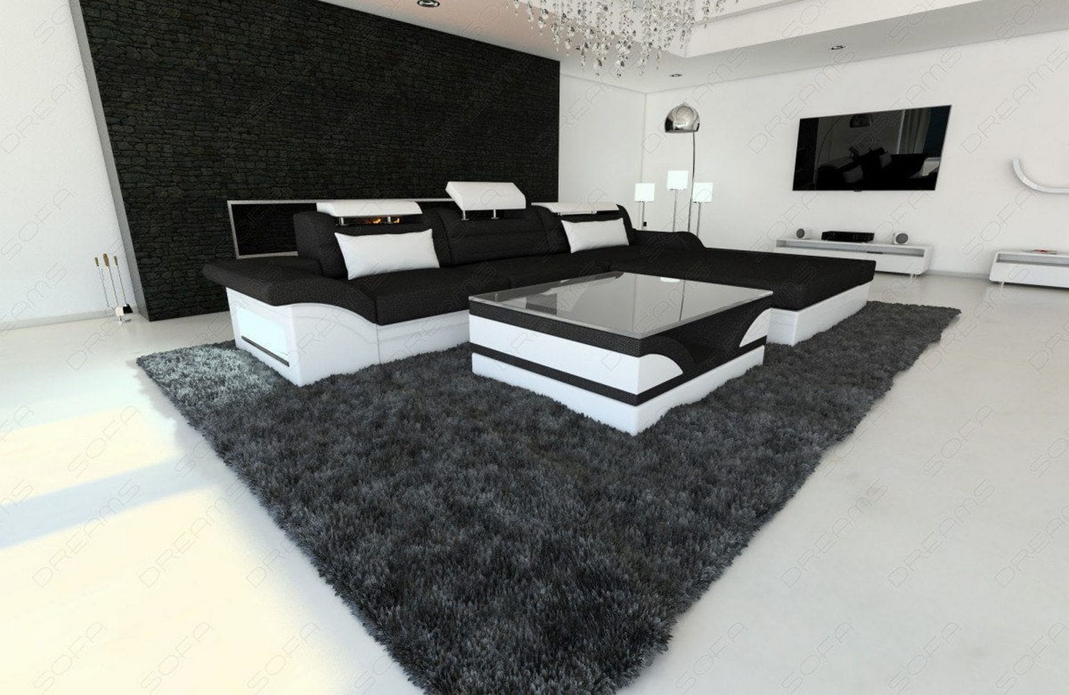 Design Stoffcouch Parma L Form mit LED-Beleuchtung Schwarz-Weiß