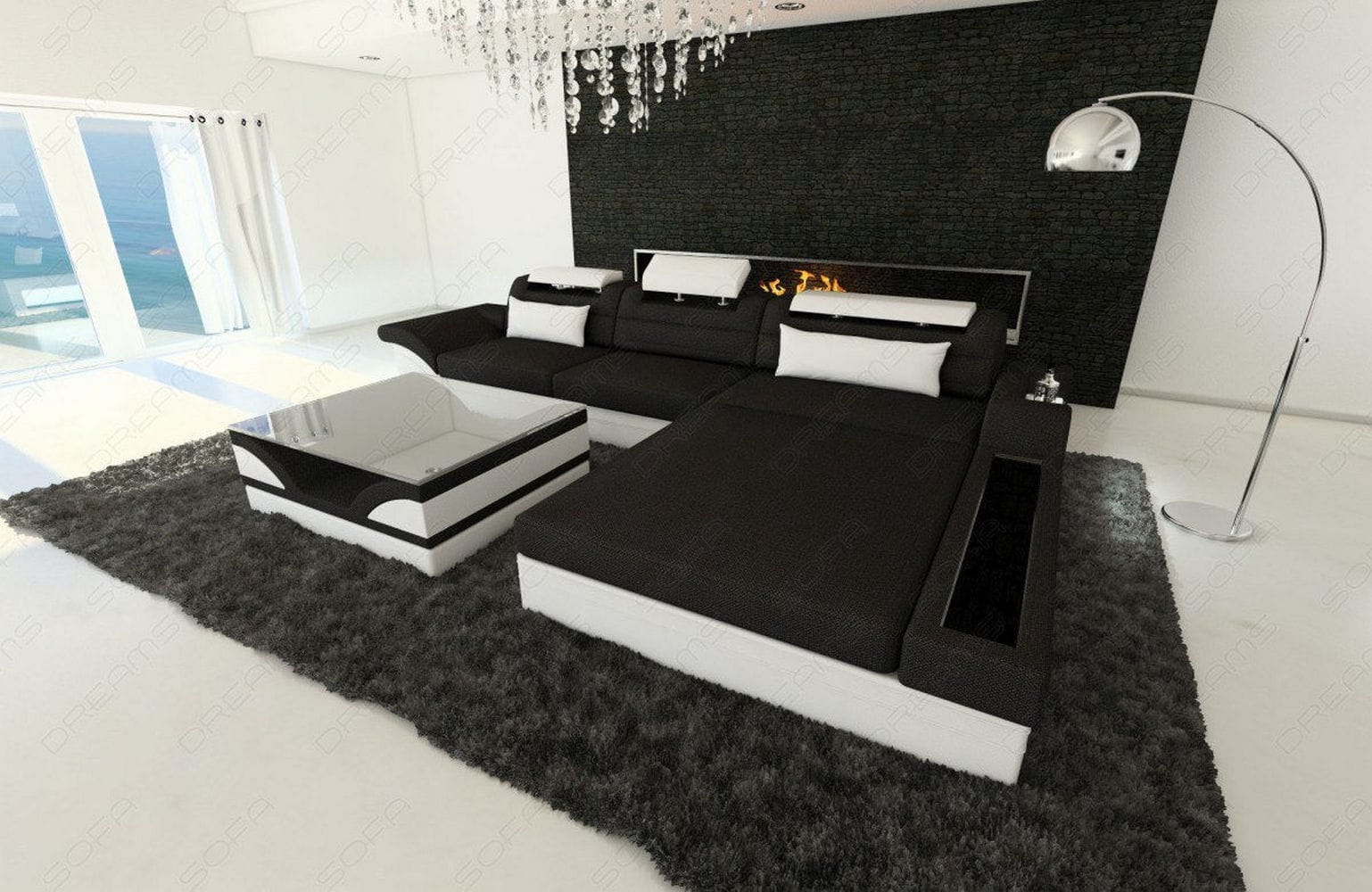 Design Stoffcouch Parma L Form mit LED-Beleuchtung Schwarz-Weiß