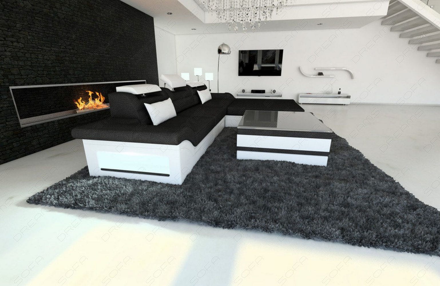 Design Stoffcouch Parma L Form mit LED-Beleuchtung Schwarz-Weiß