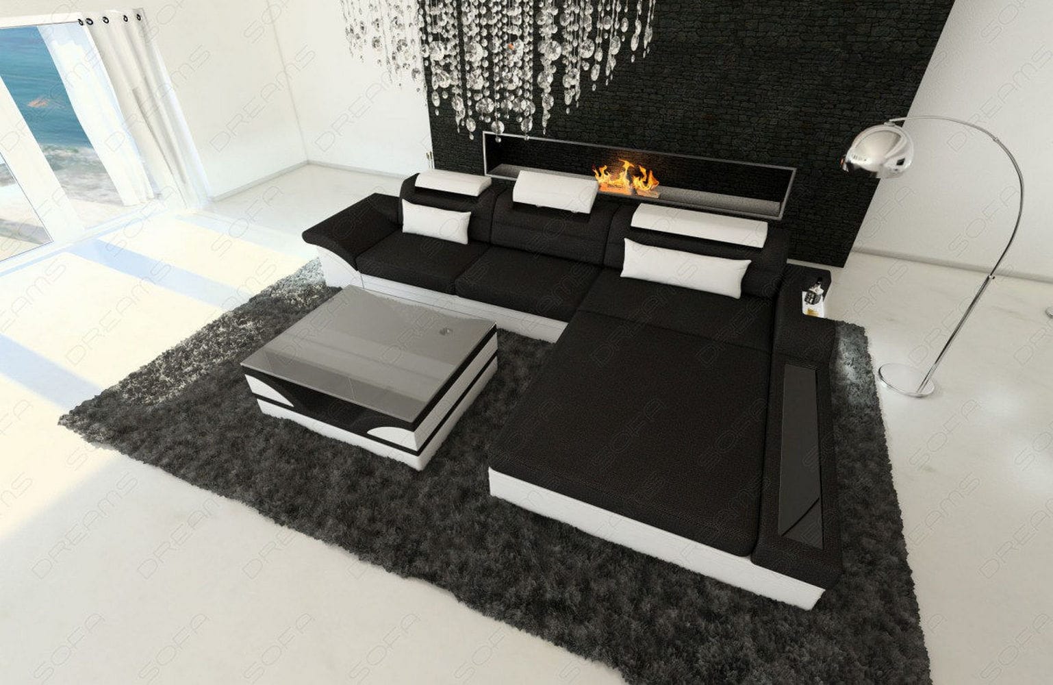 Design Stoffcouch Parma L Form mit LED-Beleuchtung Schwarz-Weiß