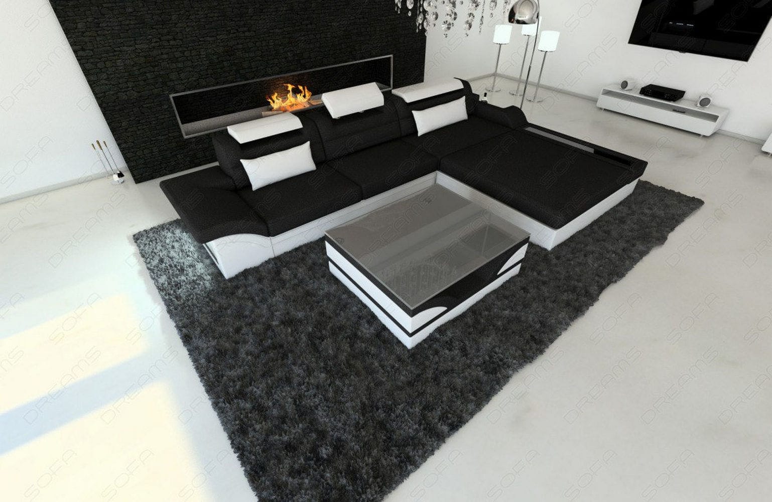 Design Stoffcouch Parma L Form mit LED-Beleuchtung Schwarz-Weiß