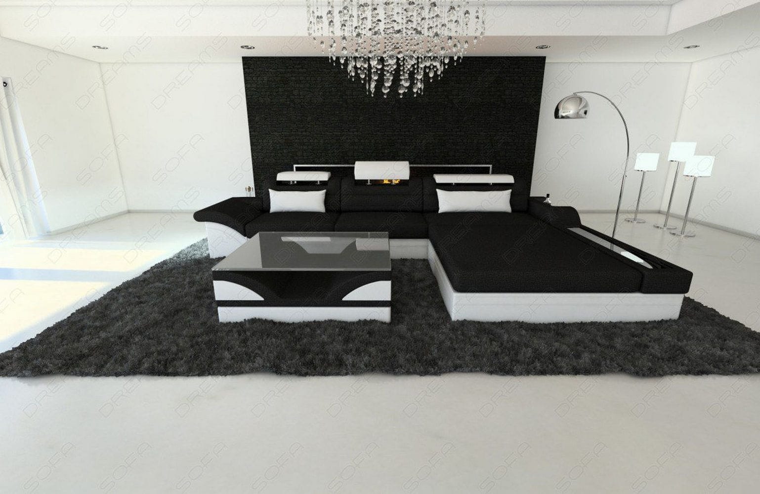 Design Stoffcouch Parma L Form mit LED-Beleuchtung Schwarz-Weiß