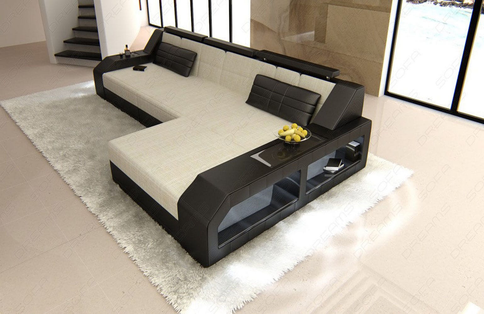 Ecksofa Arezzo L-Form aus Stoff Macchiato-Schwarz
