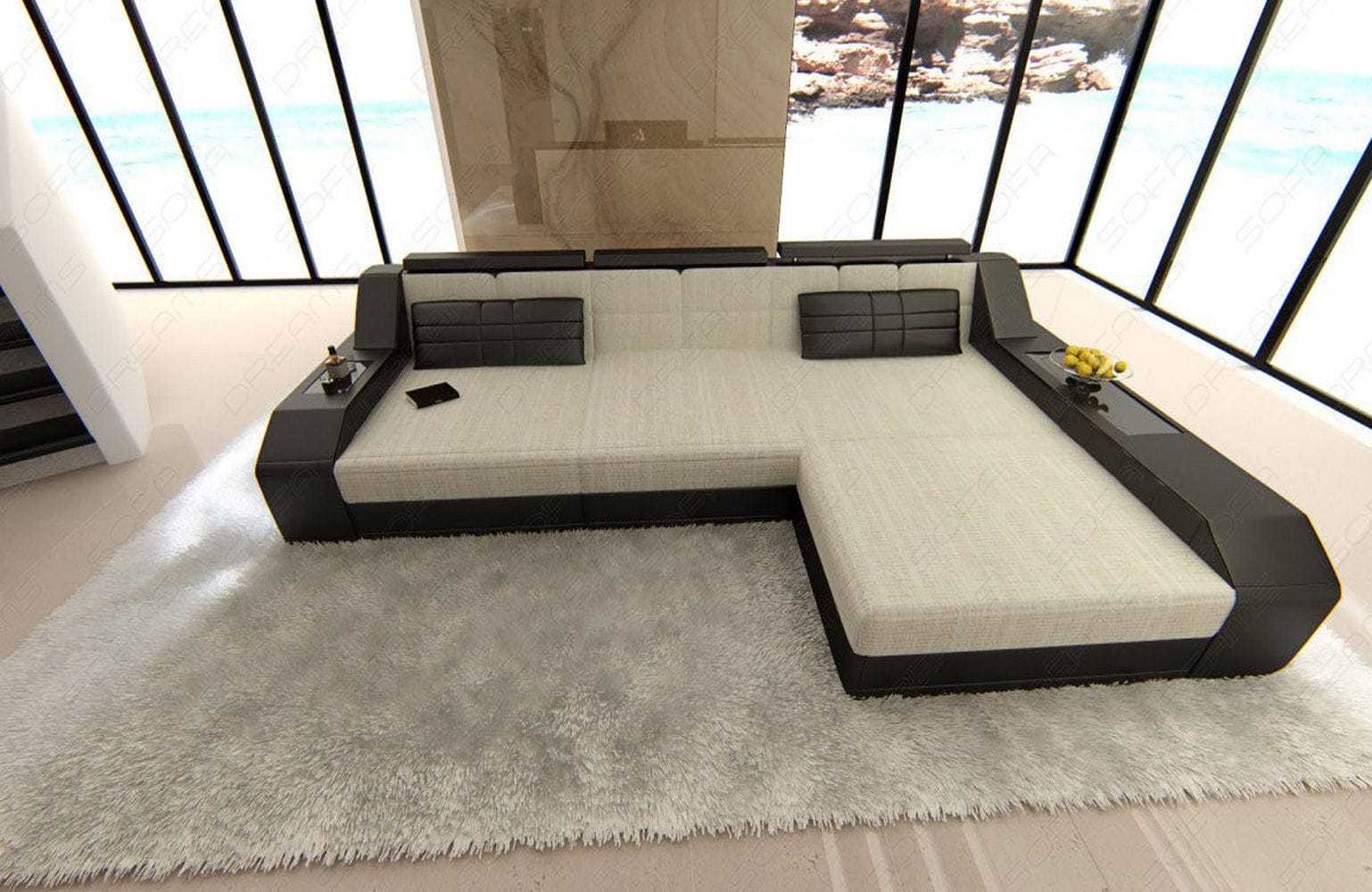 Ecksofa Arezzo L-Form aus Stoff Macchiato-Schwarz