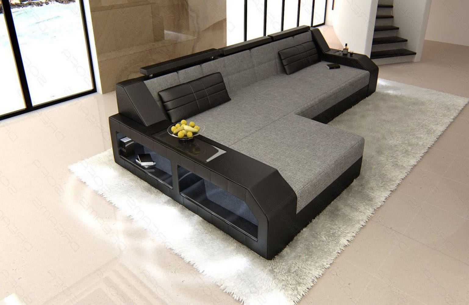 Polster-Couch Arezzo L-Form mit LED-Beleuchtung Grau-Schwarz