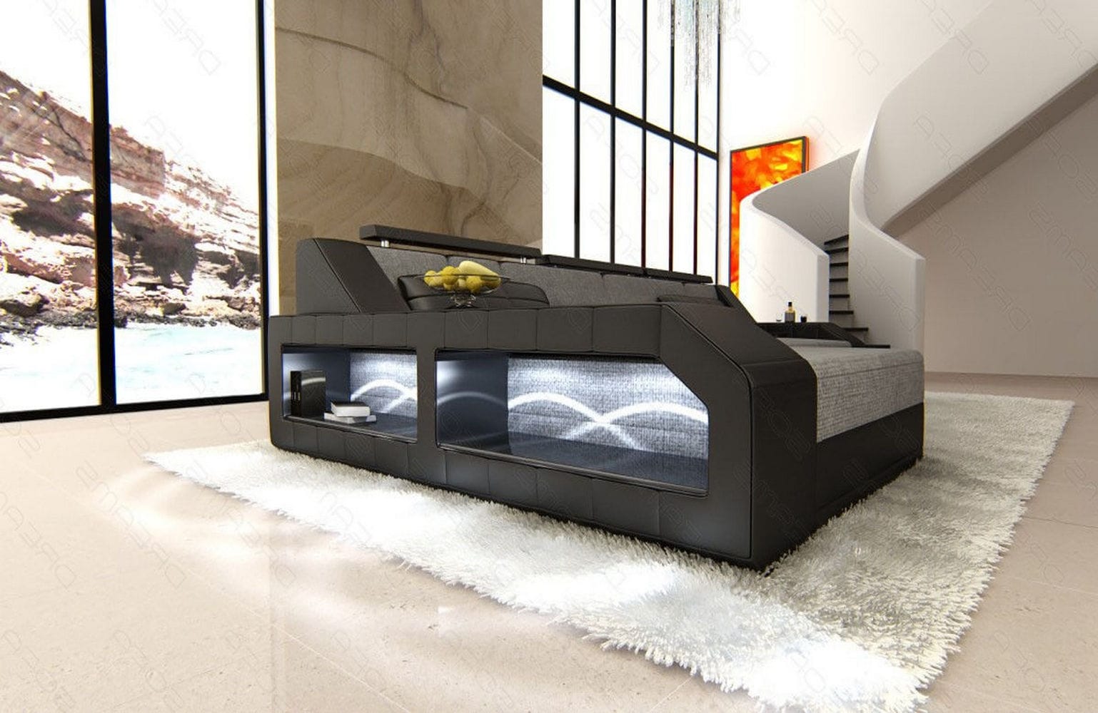 Polster-Couch Arezzo L-Form mit LED-Beleuchtung Grau-Schwarz