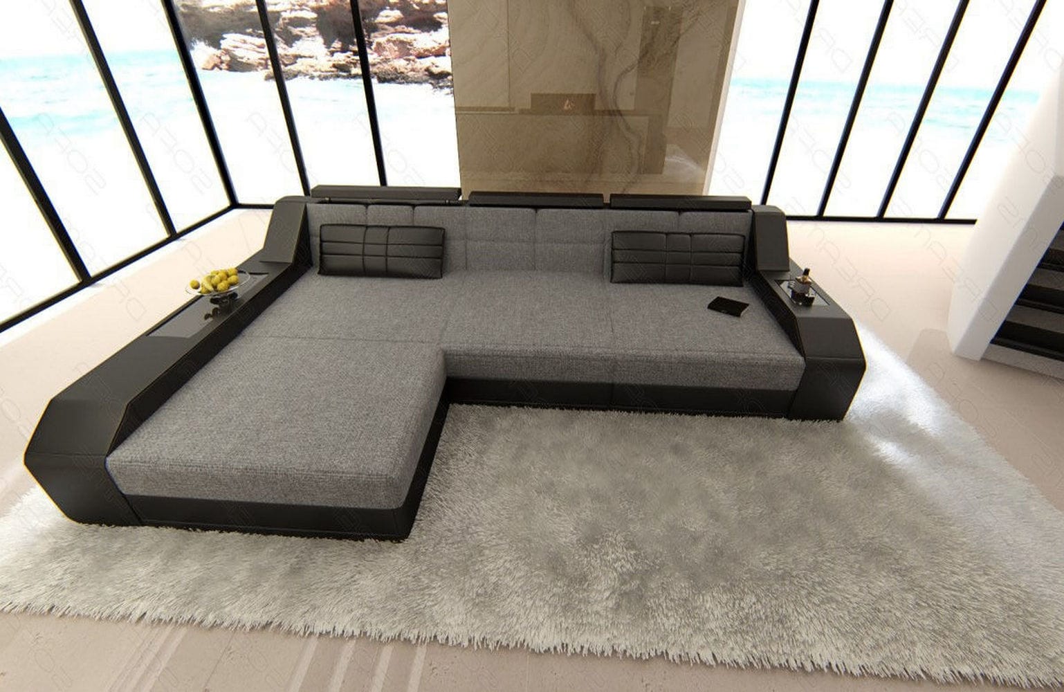 Polster-Couch Arezzo L-Form mit LED-Beleuchtung Grau-Schwarz