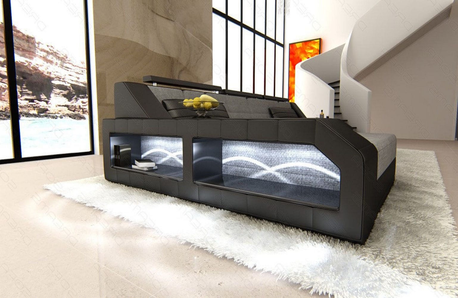 Polster-Couch Arezzo L-Form mit LED-Beleuchtung Grau-Schwarz