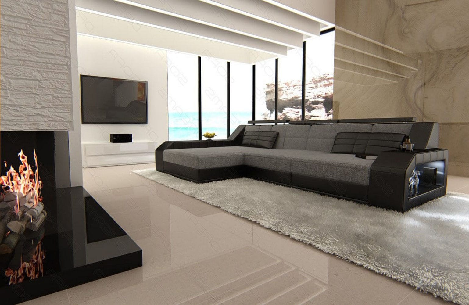 Polster-Couch Arezzo L-Form mit LED-Beleuchtung Grau-Schwarz
